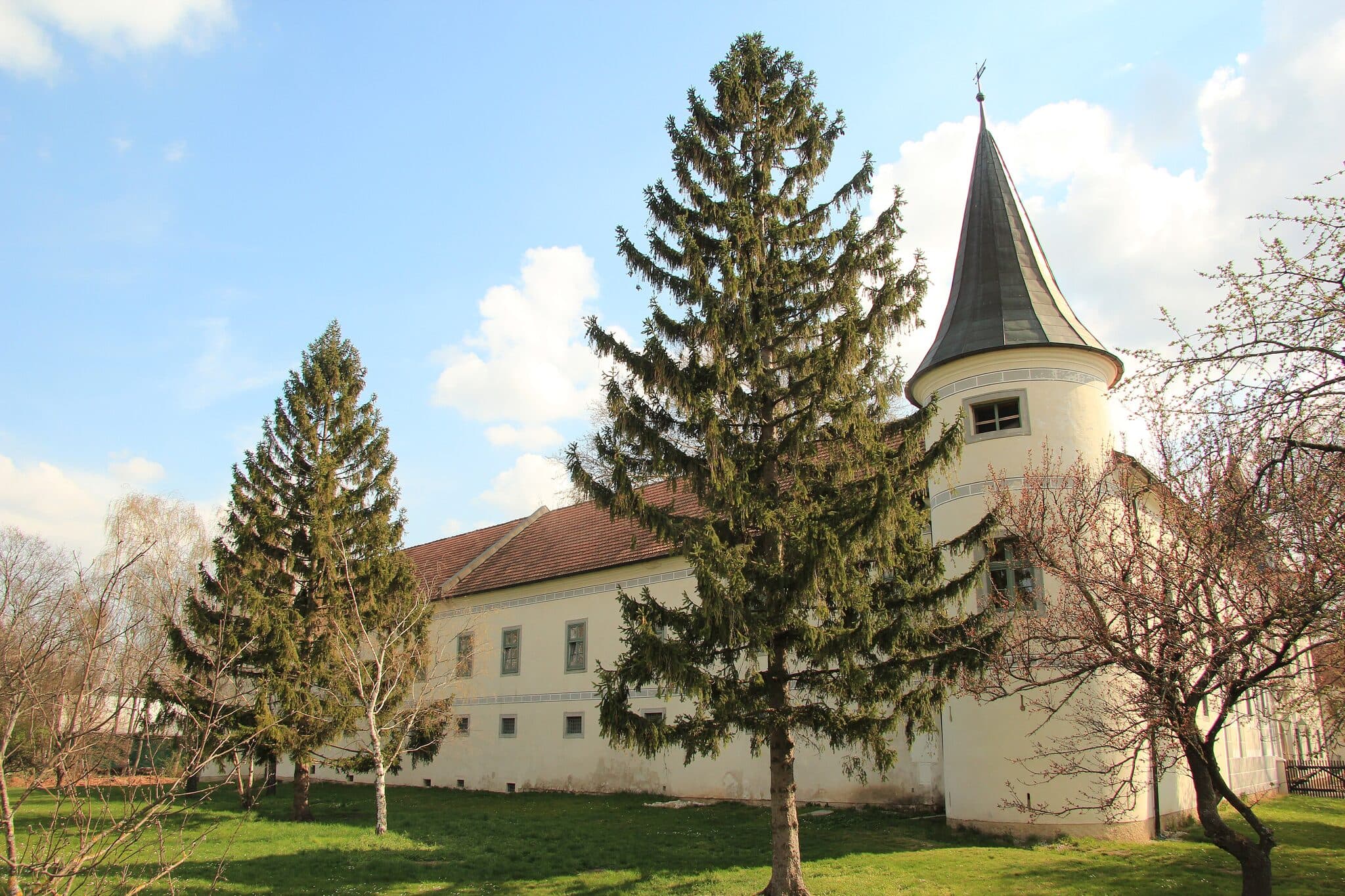 Schloss Trumau mit markantem Turm, gruener Wiese und Nadelbaeumen